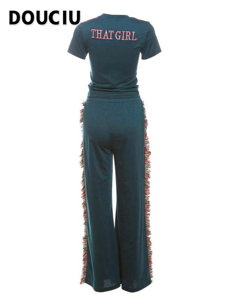 DOUCIU Women'S Letter Embroidery Fringe Trim Fleece Sweatpants Set, Casual Street Short Sleeve T-Shirt & Tie Front Trousers for Daily Wear, Ladies Summer Clothes